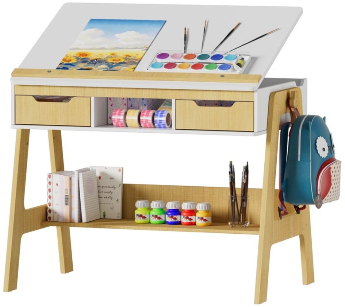 TWSOUL Kinderschreibtisch Höhen und Neigungsverstellbar, mit 2 Schubladen, Ablagefach, Regal, Multifunktionaler Schreibtisch, Schülerschreibtisch 75.3x63x95cm Bild 1