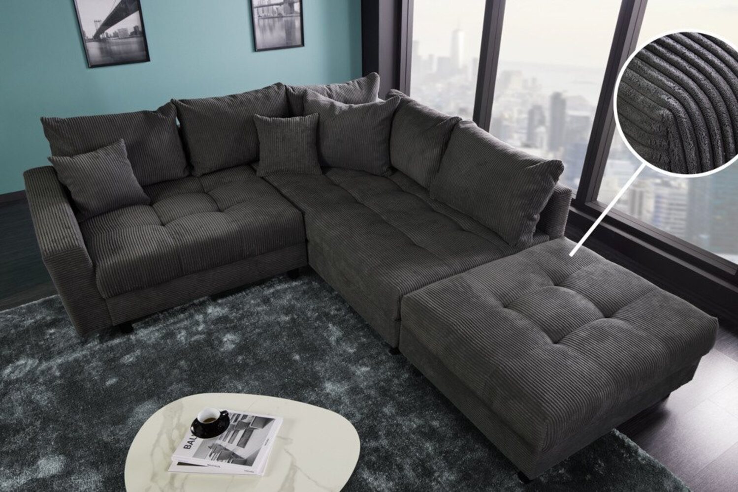 riess-ambiente Ecksofa KENT 220cm dunkelgrau, Set 2 Teile, Wohnzimmer · Couch · Cord-Bezug · Federkern · inkl. Hocker · Design Bild 1