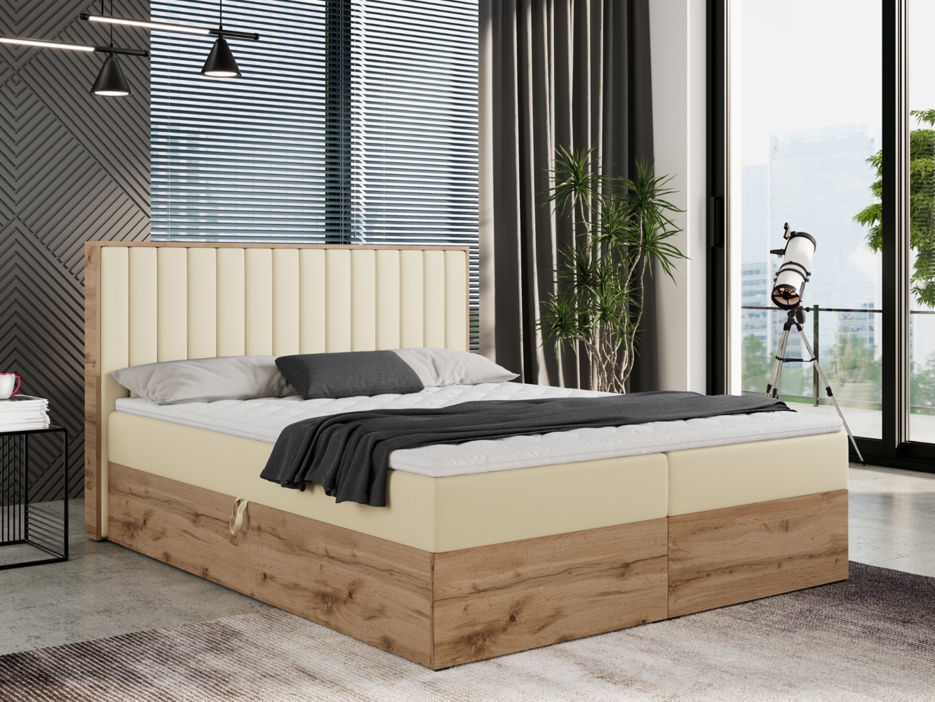 Boxspringbett mit dekorativem Kopfteil und zwei Bettkästen, Eiche Holzrahmen - ALBERO 4 - 140x200 cm - Creme Kunstleder - H4 Bild 1