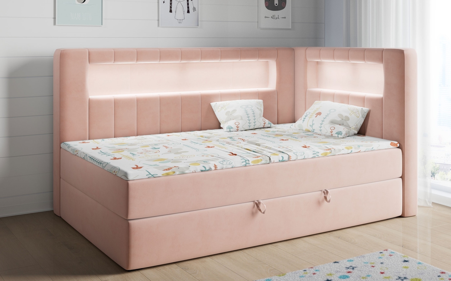 Boxspringbett mit LED, Einzelbett mit Bettkasten und Topper - JUNIOR GOLD 3 - 90x200 cm - Rosa - Rechte Seite Bild 1