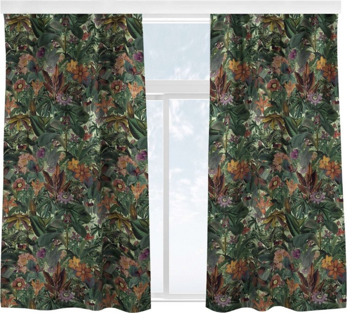 Bilderdepot24 Vorhang Gardine Natur Tropisch Modern Dschungel Blätter Blüten Orange Grün, Multifunktionsband (2 St), blickdicht, Samt, Schiebegardinen Küche Schlafzimmer Wohnzimmer Schiebevorhang Bild 1