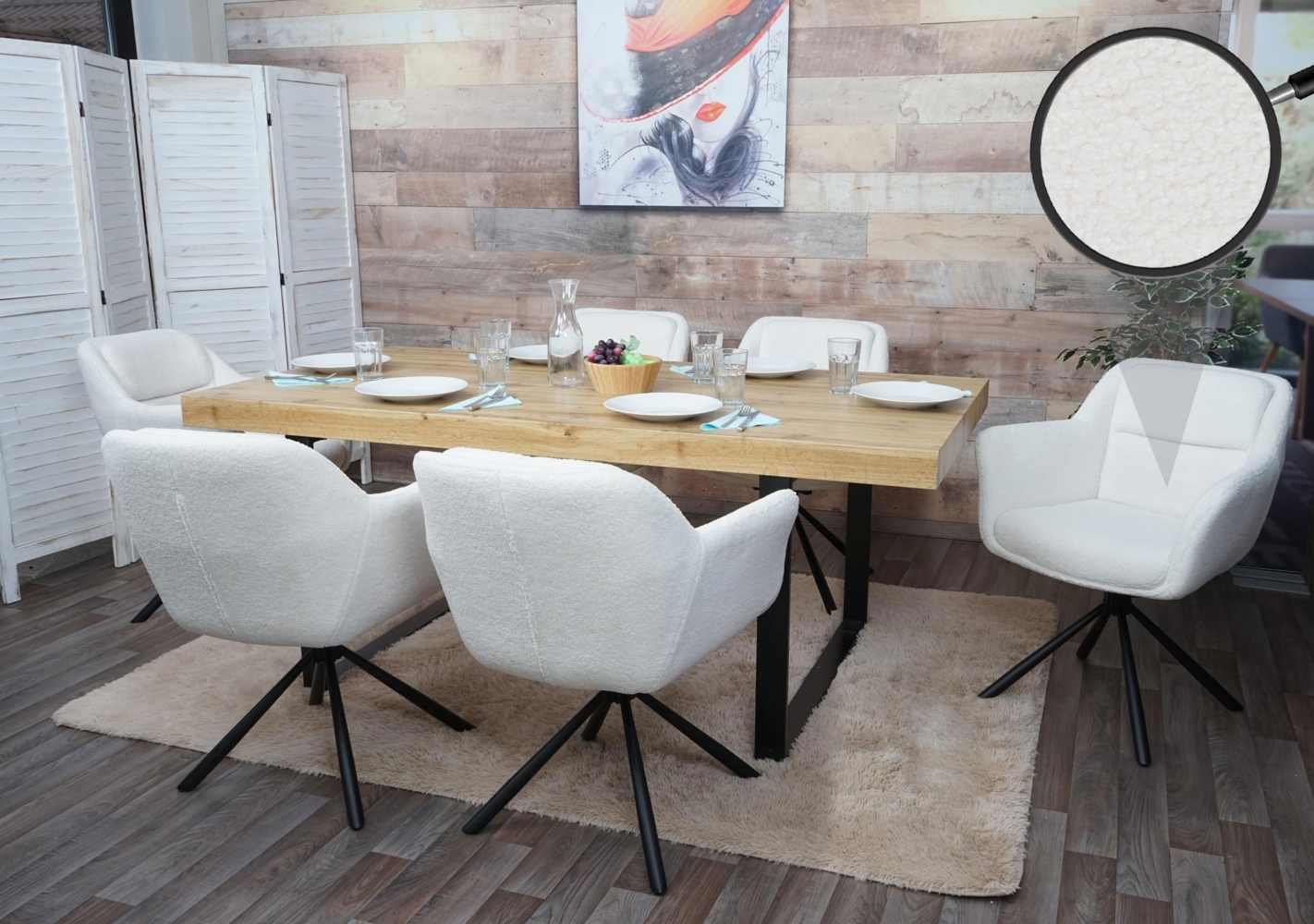 6er-Set Esszimmerstuhl HWC-K33, Küchenstuhl Stuhl, drehbar Auto-Position, Stoff MVG ~ bouclé-weiß Bild 1