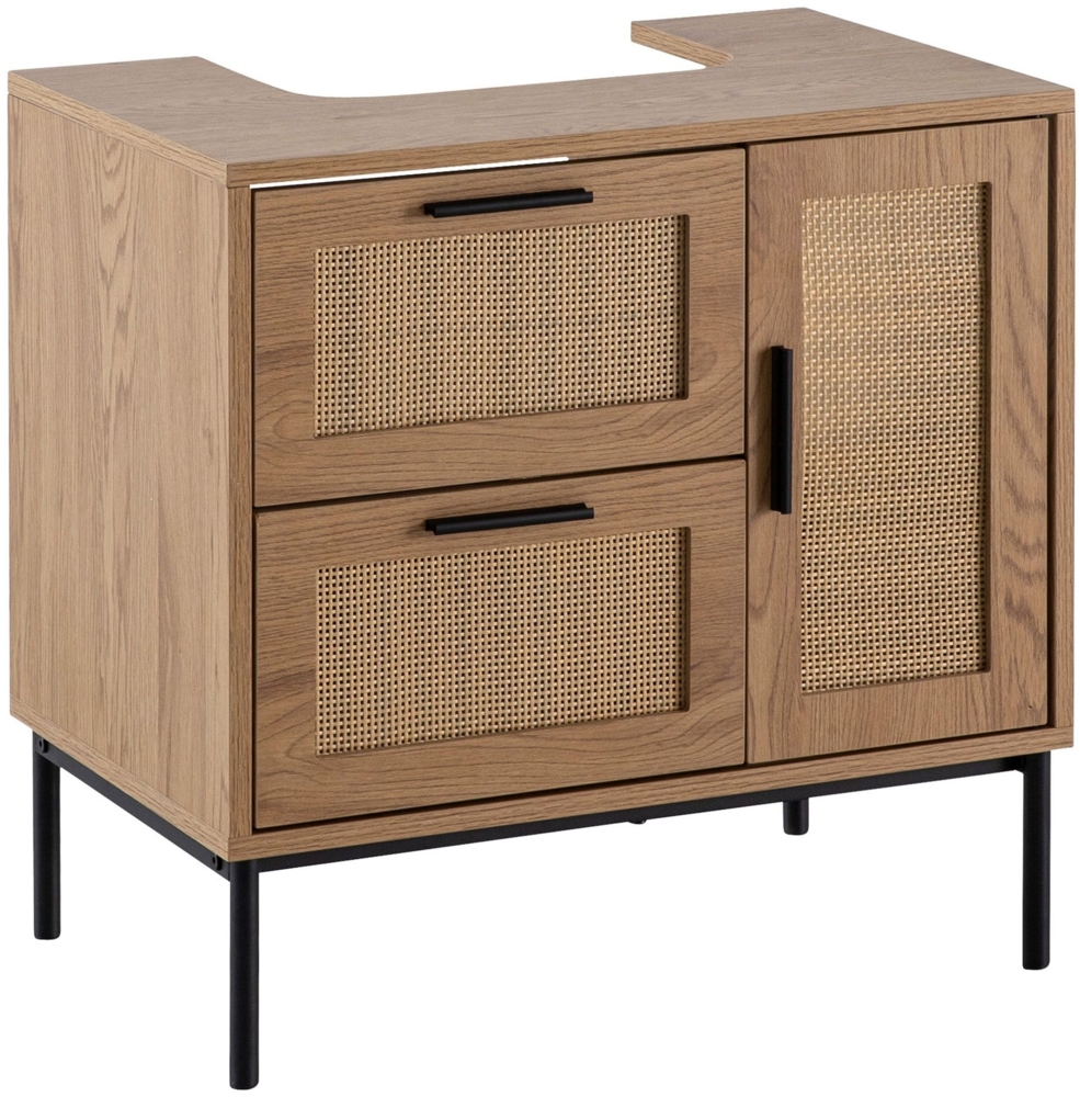 Waschbeckenunterschrank Eiche-Optik 60x60x40 cm mit Tür und Schubladen, Badezimmerschrank mit Rattangeflecht, Unterschrank Stehend, Badschrank Midischrank Klein Waschtisch Bild 1