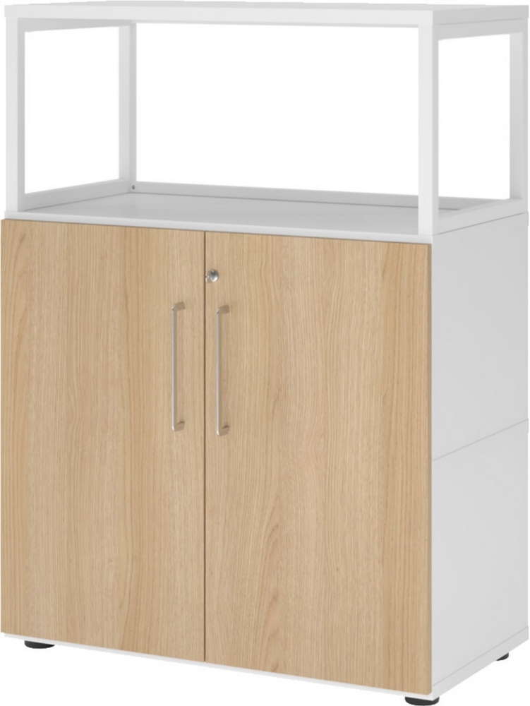 bümö flexi Aktenschrank abschließbar mit Flügeltüren & 1 Regalfach offen in Weiß/Eiche, Büroschrank mit werkzeuglosem Schnellmontage-Klicksysten in modularer Bauweise, FW38T2RG-W-E-BS Bild 1