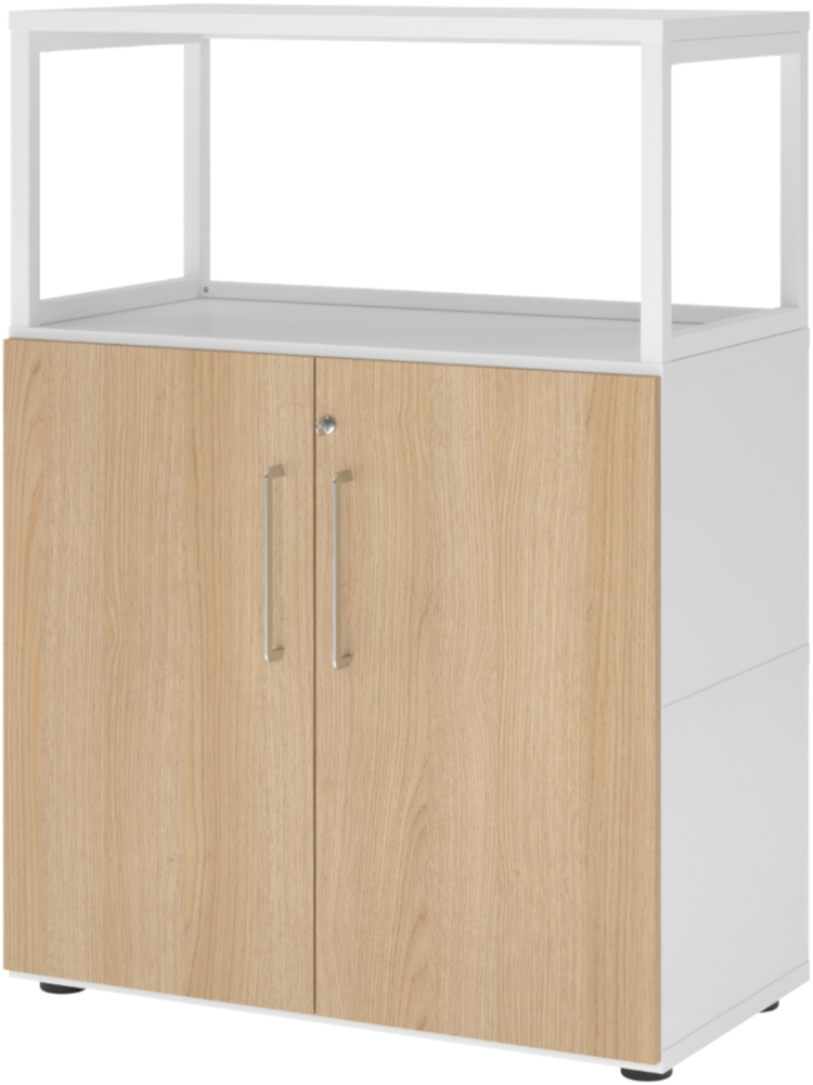 bümö flexi Aktenschrank abschließbar mit Flügeltüren & 1 Regalfach offen in Weiß/Eiche, Büroschrank mit werkzeuglosem Schnellmontage-Klicksysten in modularer Bauweise, FW38T2RG-W-E-BS Bild 1