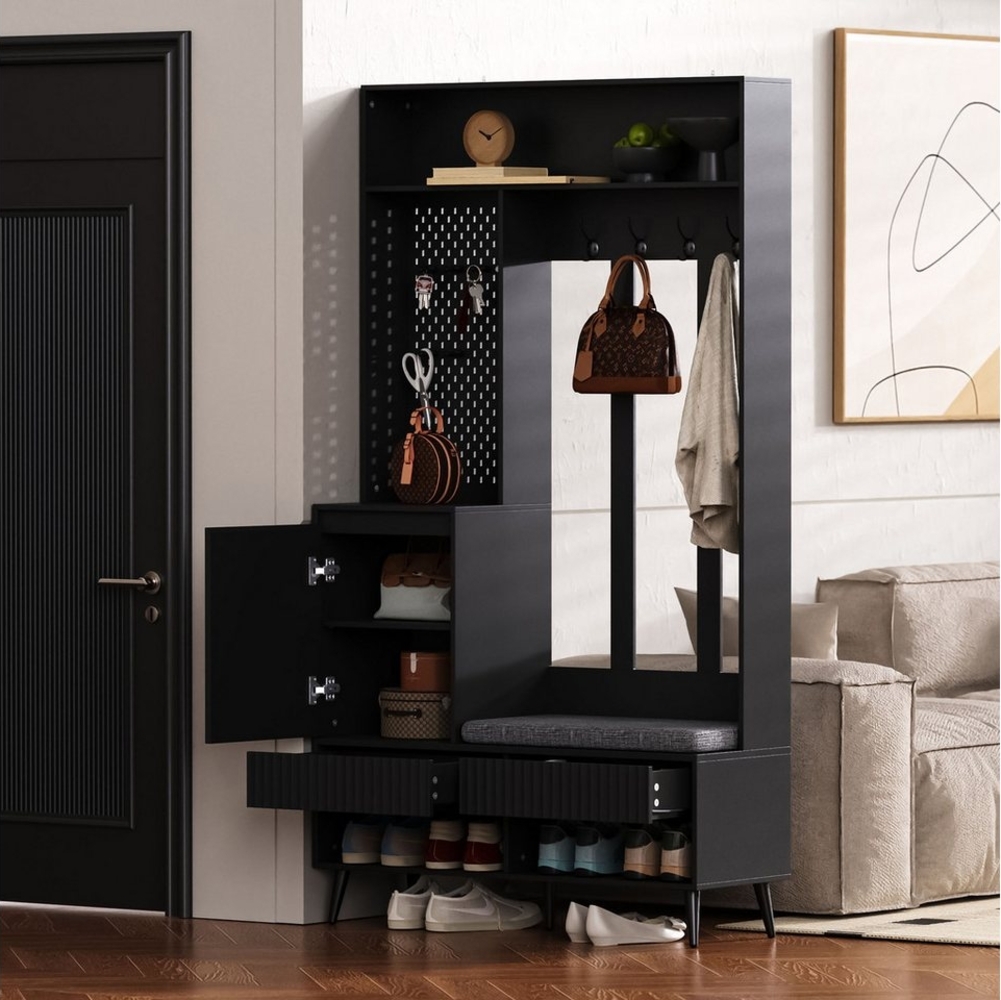 OKWISH Garderoben-Set für Ihren Eingangsbereich, (Garderoben-Set mit Sitzbank, 4 Haken, 2 Schubladen & Tür, 100×35×180 cm – Multifunktionale Wandgarderobe, 1-St, mit 4 Kleiderhaken, zwei Schubladen und 1 Türen) Bild 1