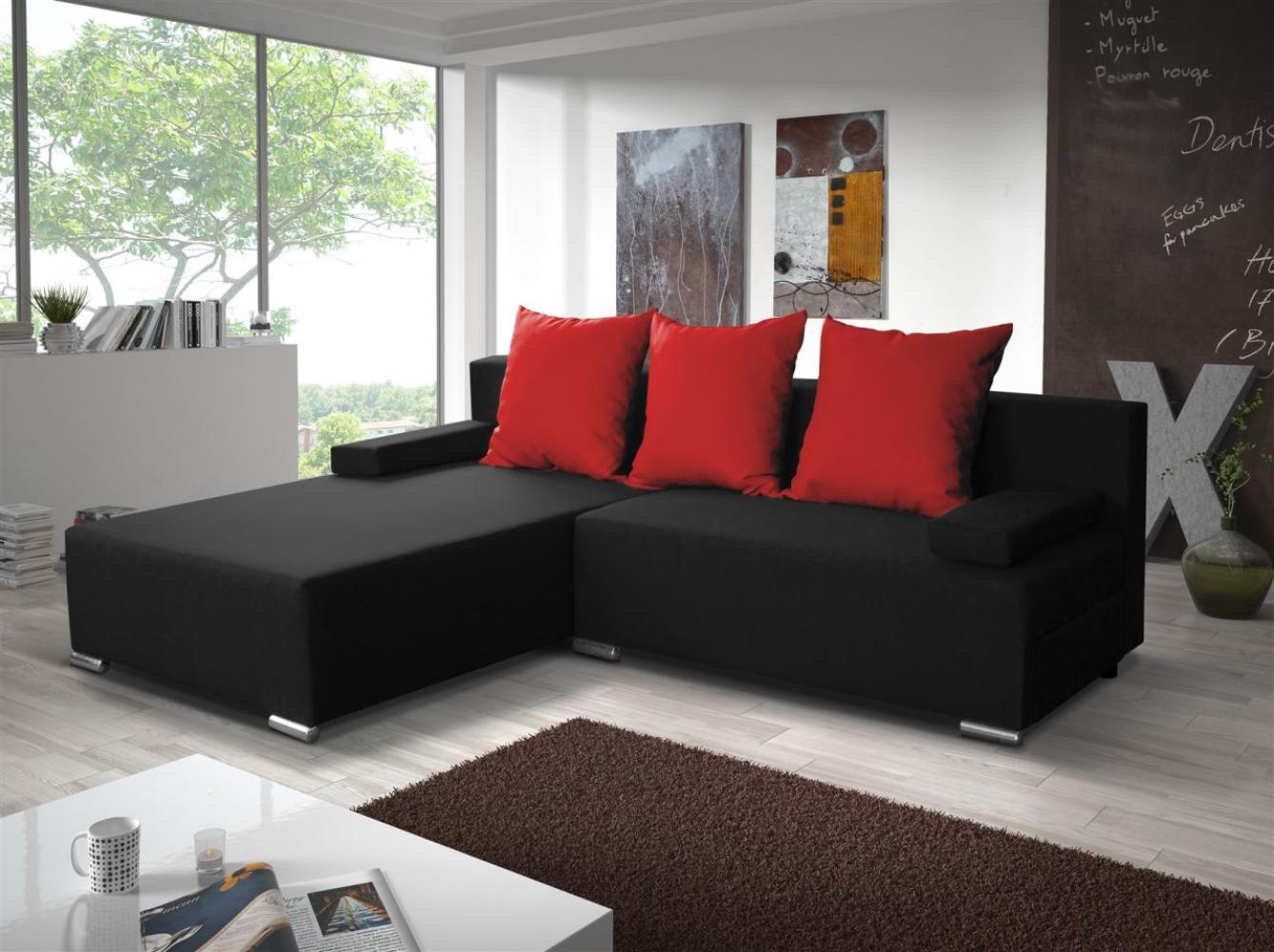 Ecksofa Sofa LUCY mit Schlaffunktion Schwarz / Rot Ottomane Links Bild 1