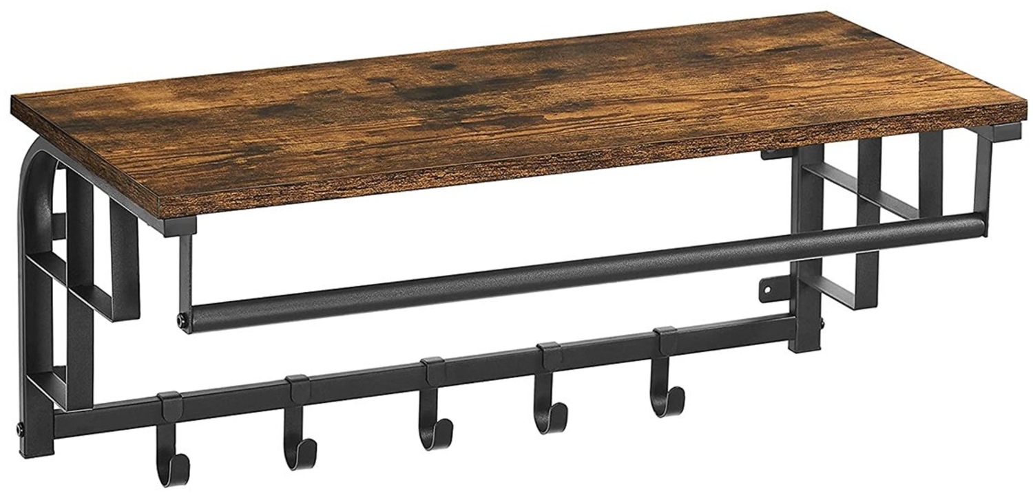 Vintage Wandgarderobe Garderobenhaken Wandregal mit 5 Haken, Hakenleiste mit Hängestange, für Flur, Schlafzimmer, Badezimmer und Wohnzimmer, 27 x 66 x 30 cm Bild 1