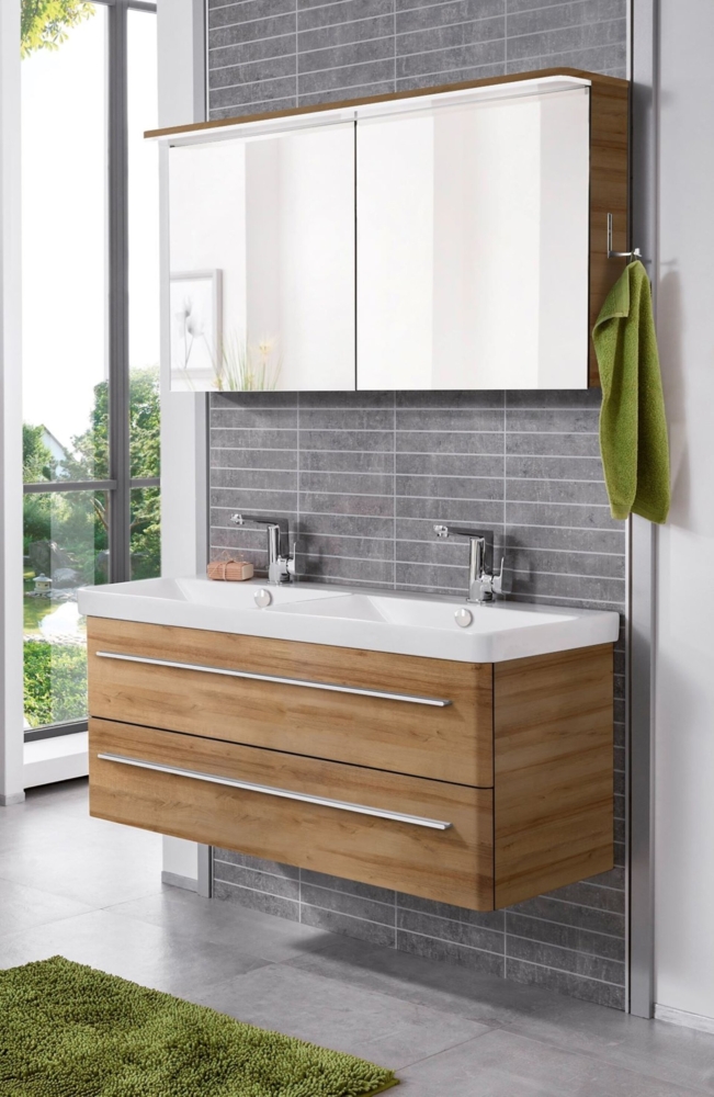 Lanzet K8 Waschtisch Set mit Spiegelschrank 120 cm breit, Braun hell, Doppelwaschbecken Keramik Weiß, LED Spiegelschrank Bild 1