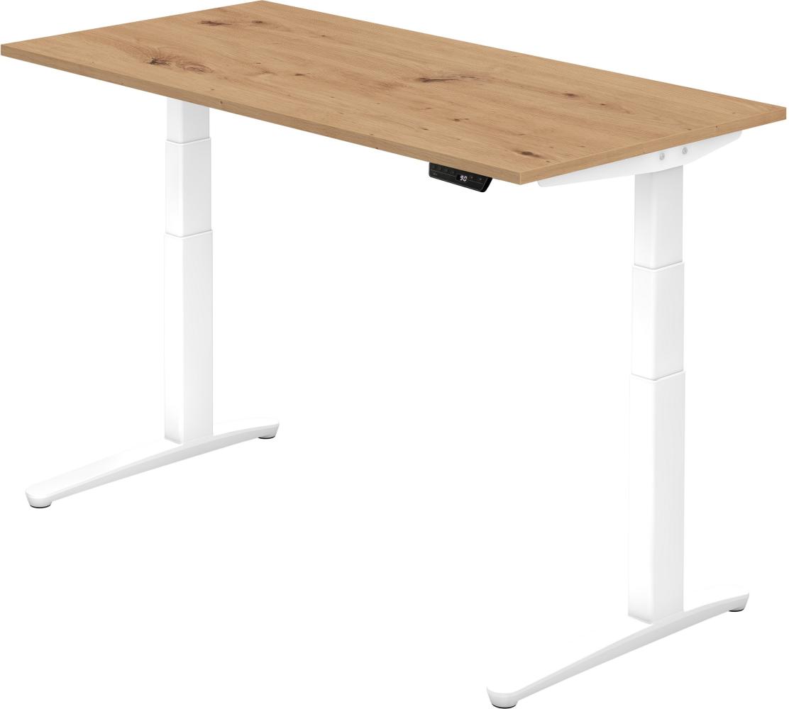 bümö elektrisch höhenverstellbarer Schreibtisch 160x80 cm mit Memory-Steuerung - Design Schreibtisch höhenverstellbar elektrisch, elektrischer Schreibtisch Asteiche, Gestell weiß, XBHM-16-R-WW Bild 1