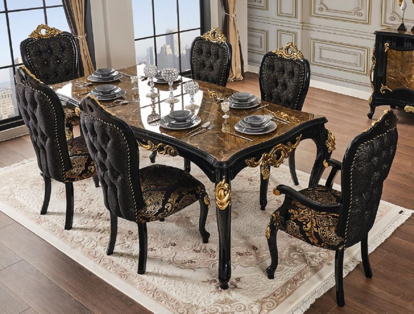 Casa Padrino Luxus Barock Esstisch Braun / Schwarz / Gold 210 x 100 x H. 82 cm - Prunkvoller Massivholz Esszimmertisch mit Tischplatte in Marmoroptik - Barock Esszimmer Möbel Bild 1