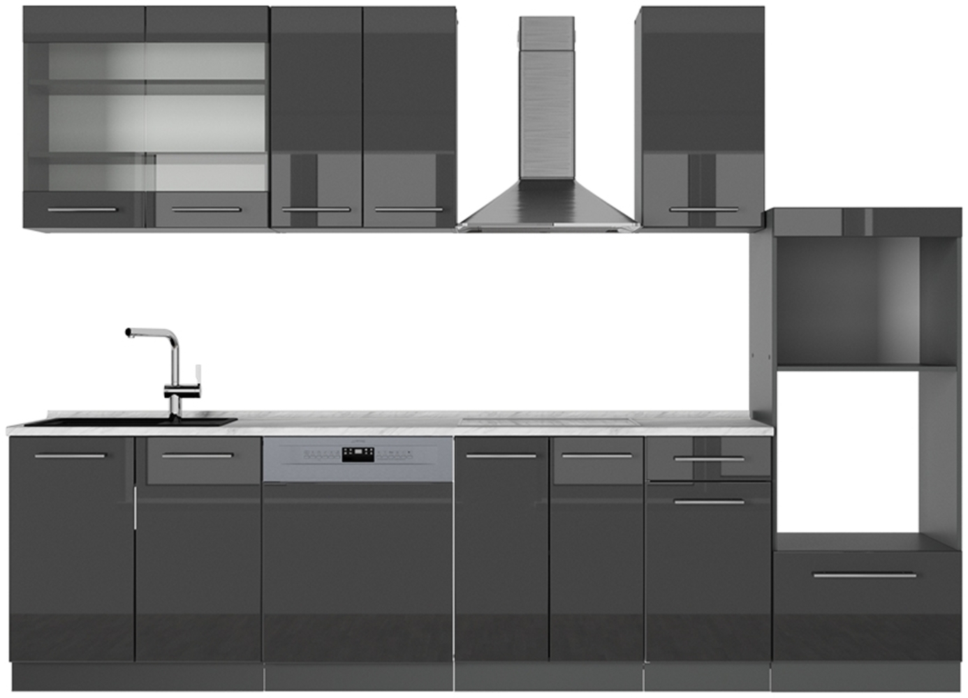 Küchenzeile Fame-Line Anthrazit Hochglanz 300 cm mit Hochschrank, AP Marmor Vicco Bild 1