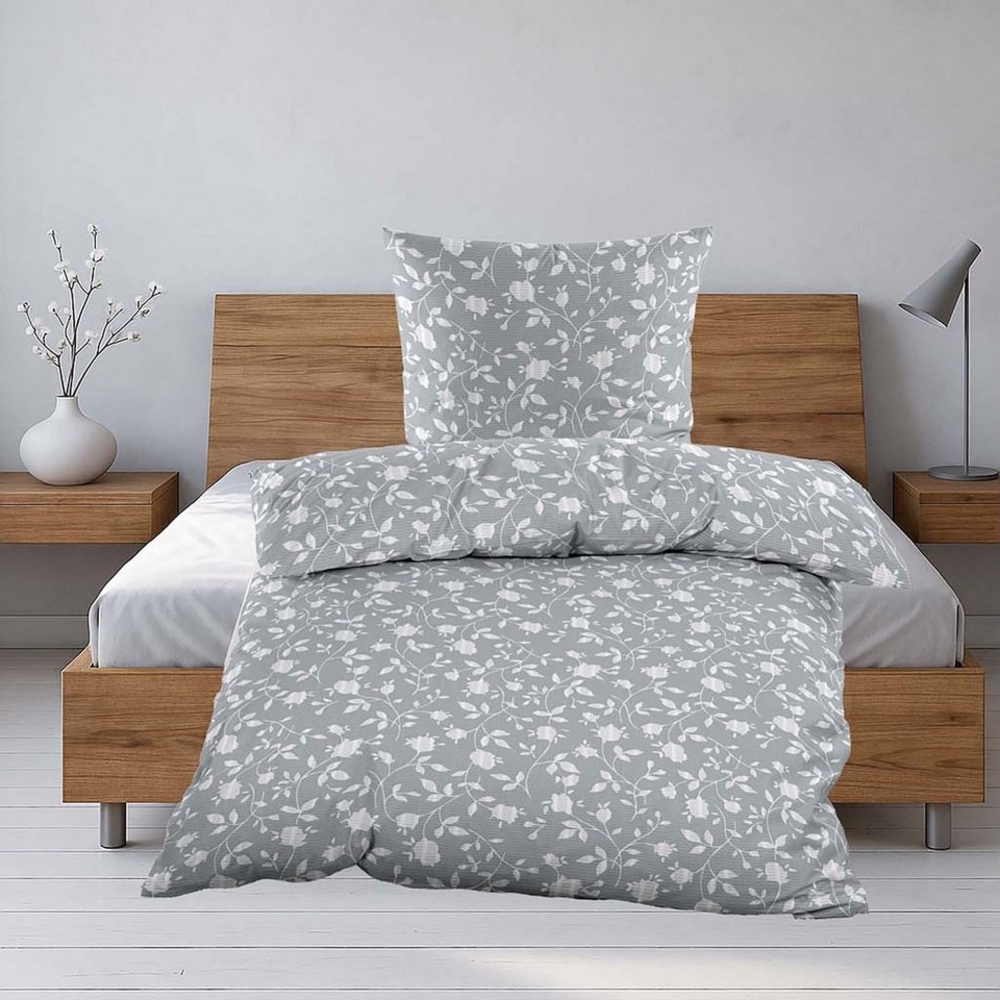 Casa Colori Bettwäsche Seersucker-Bettwäsche "Blütentraum" Silber-Grau 135x200 cm, Seersucker, 2 teilig, Bügelfrei & Hautsympathisch Bild 1