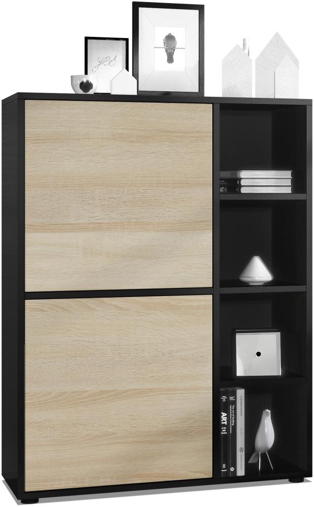 Highboard Schrank Anrichte Cuba mit 8 Fächern, Korpus in Schwarz matt / Fronten in Eiche sägerau Bild 1