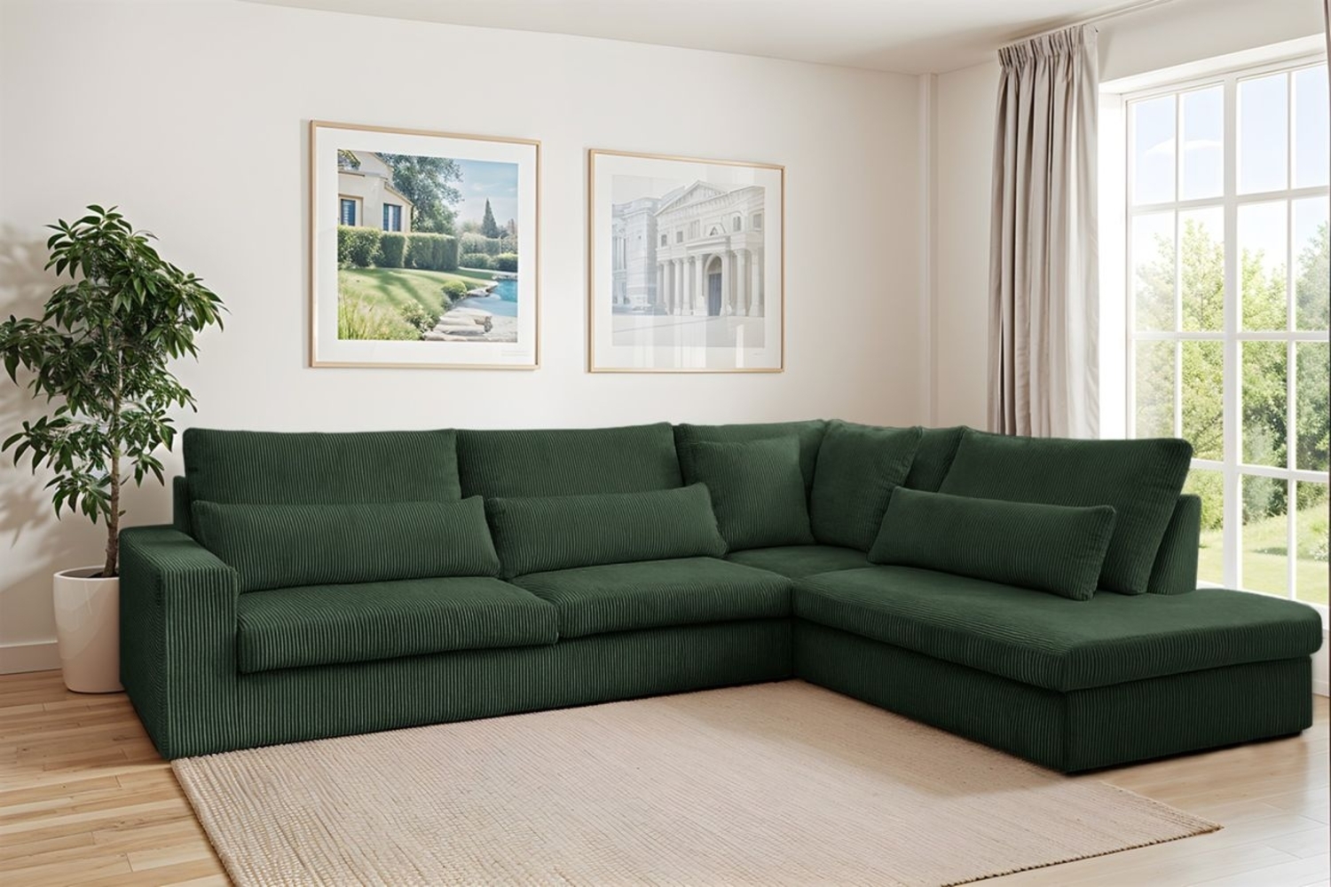 Ecksofa Designersofa THORA in Stoff Poso Grün Ottomane Rechts Bild 1