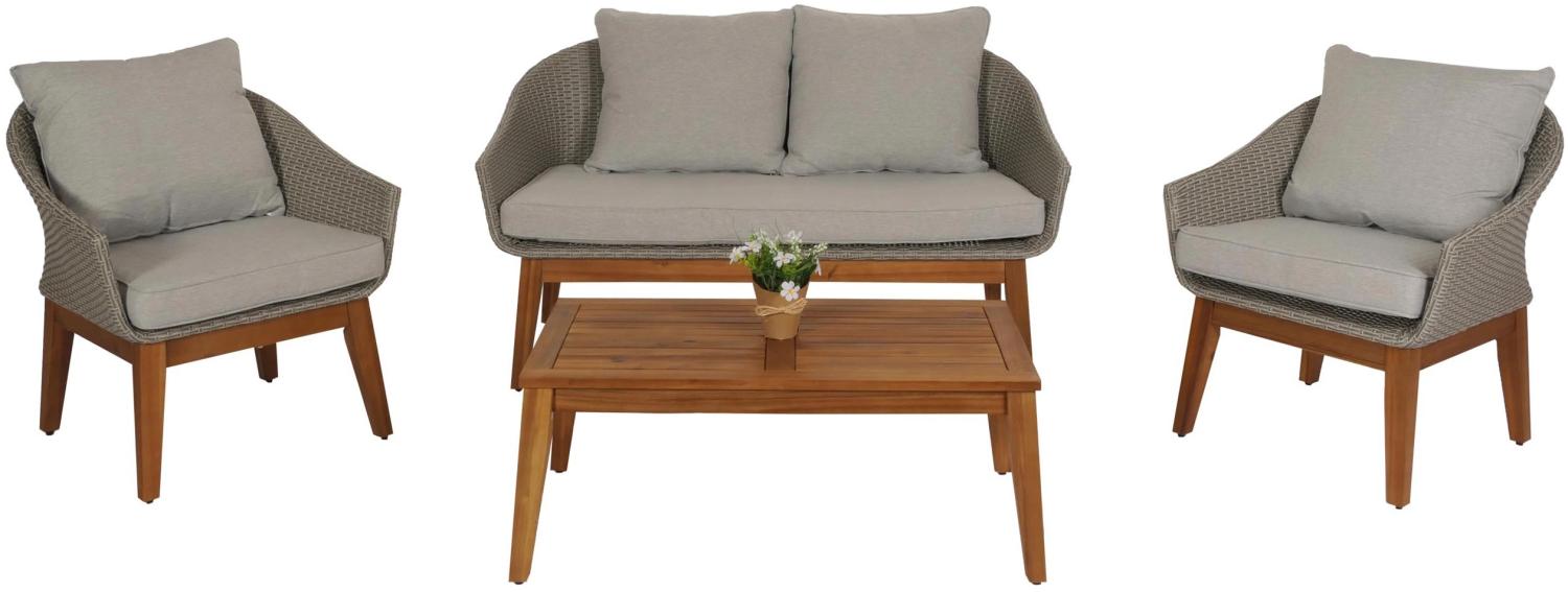 Gartengarnitur HWC-N37, Garten-/Lounge-Set Sofa Sitzgruppe, Poly-Rattan Holz Akazie ~ grau, Kissen hellgrau Bild 1