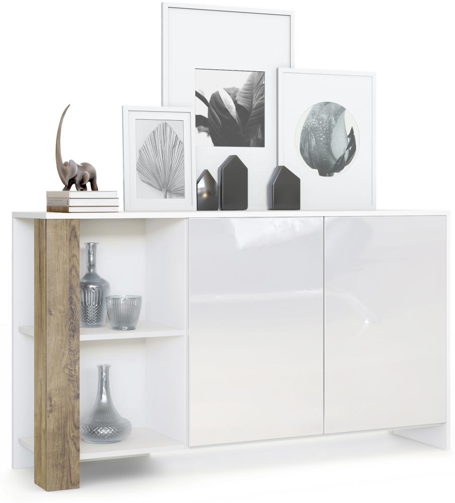 Sideboard Canto, lange Anrichte mit 2 Türen und 6 Fächern, Korpus Weiß matt, Fronten Weiß Hochglanz, Dekor-Paneele Eiche Ribbeck (143 x 81 x 36 cm) Bild 1