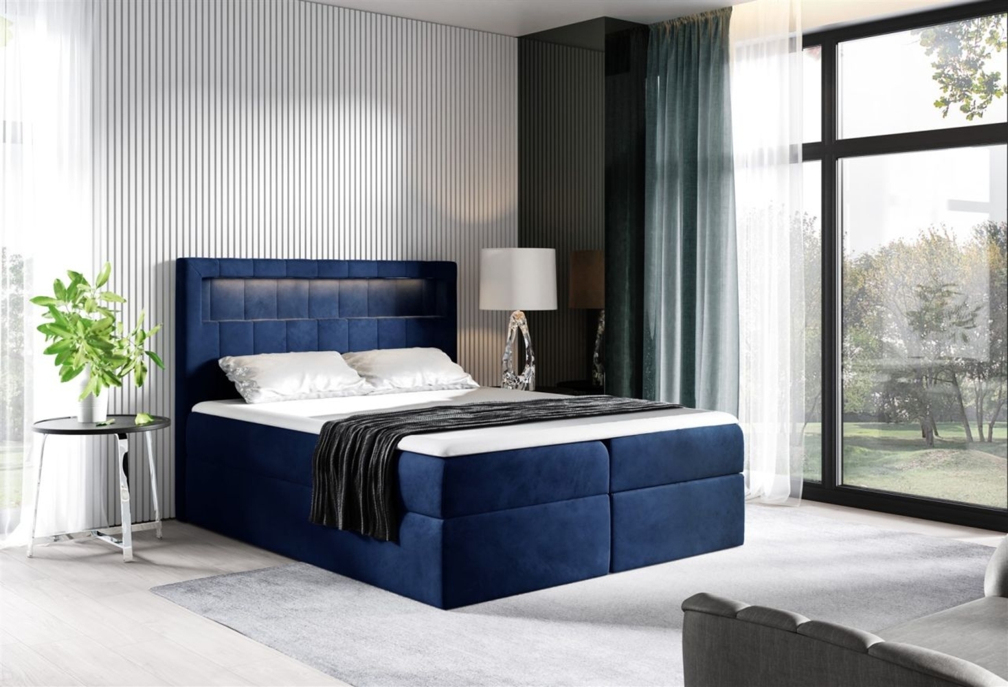 Boxspringbett Schlafzimmerbett STORM 120x200cm Stoff Riviera Blau inkl. LED Bild 1