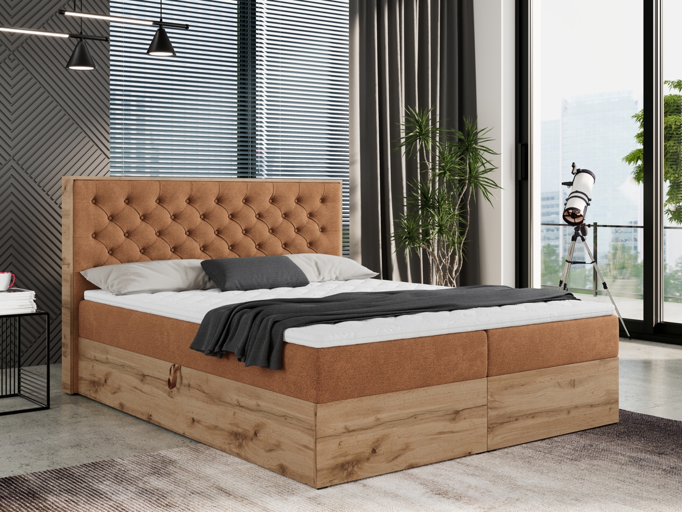 Boxspringbett mit Multipocket-Matratze und Zwei Bettkästen, Doppelbett mit Stauraum - ALBERO 3 - 200 x 200 cm - Orange Stoff - H3 Bild 1