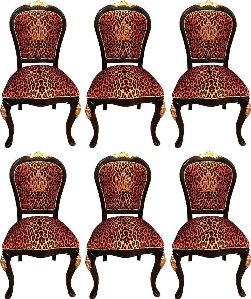 Pompöös by Casa Padrino Luxus Barock Esszimmerstühle Krone mit Glitzersteinen Leopard / Schwarz / Gold - Esszimmer Set - 6 Pompööse Barock Stühle designed by Harald Glööckler Bild 1