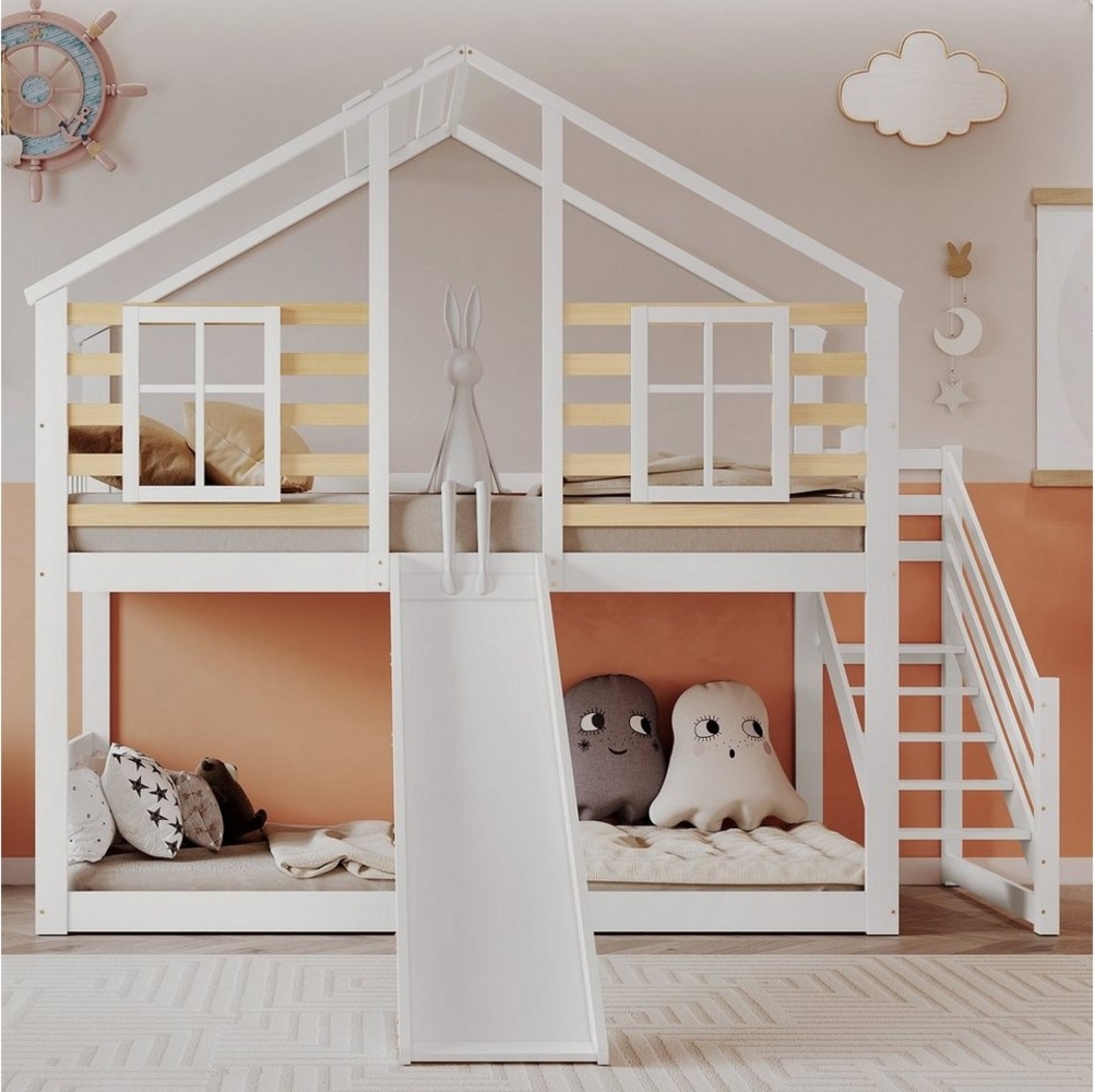 OKWISH Etagenbett Kinderbetten Holzbett Einzelbett Gästebett, Blockhaus Kinderbett (Holzbett mit Treppe und Gitter, mit Rutsche und Fenster, mit Absturzsicherung, Bettrahmen aus Massivholz), 90x200 cm Bild 1