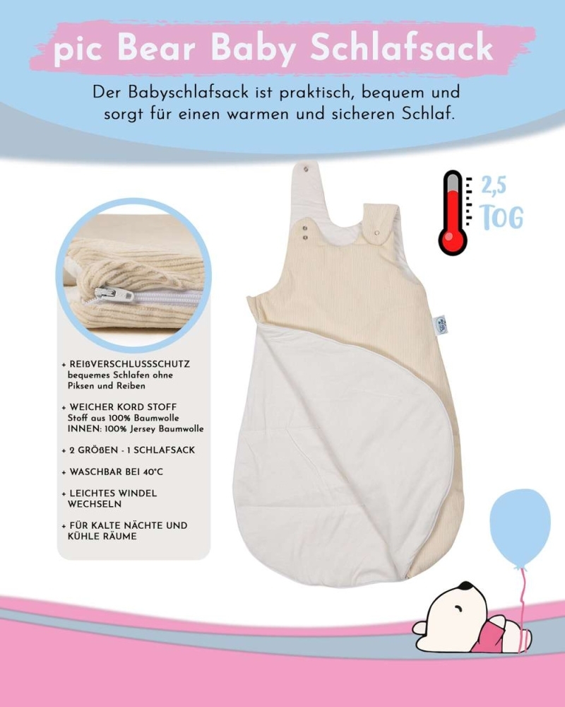 pic Bear Babyschlafsack mitwachsend - atmungsaktiv, Kord Ivory, 50/56 : Kord Ivory Bild 1