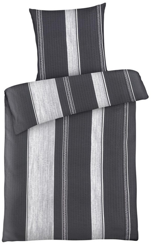 Carpe Sonno Seersucker Bettwäsche 135x200 cm aus 100% Polyester - Streifen Silber Schwarz Bild 1