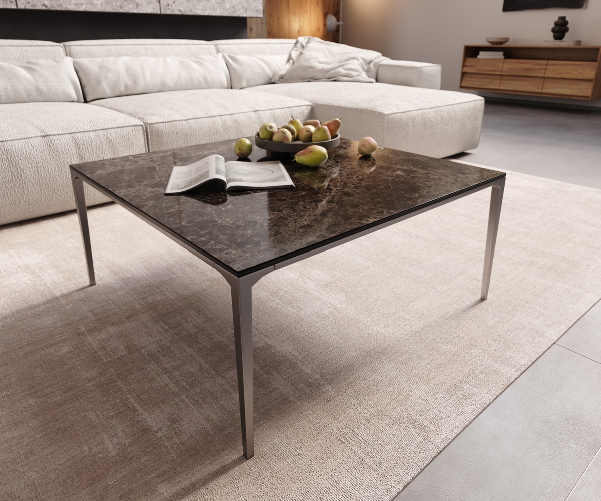 Couchtisch Levente 85x85 cm Keramik Laminam®Emperador Extra Lucidato Dunkelbraun Gestell Edelstahl Silber Bild 1