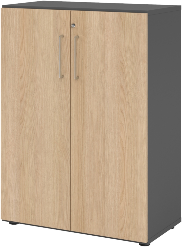 bümö Aktenschrank abschließbar, Büroschrank Holz 80cm breit in Graphit/Eiche - abschließbarer Schrank mit Aktenregal für's Büro & Arbeitszimmer, Büro Möbel Ordnerschrank mit Schloss, 938T3-G-E-BS Bild 1