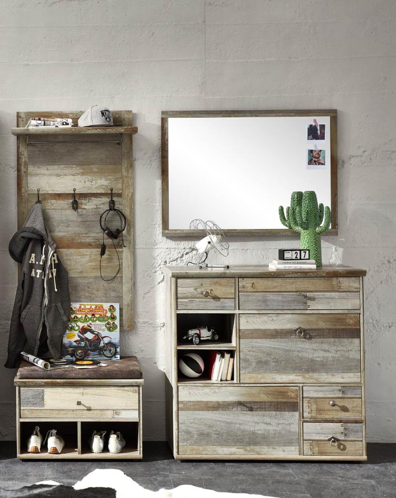 Garderobe BONANZA 4-TLG Paneel Spiegel Schuhkommode Bank Driftwood Nachbildung Bild 1