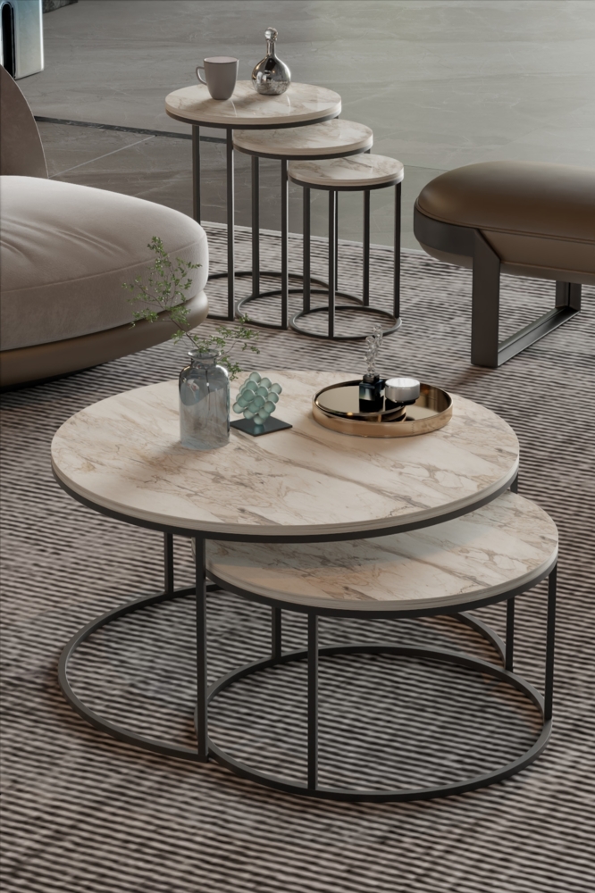 Couchtisch- und Satztisch-Set 70 x 52 cm Spanplatte/metallprofil/pvc Weißes Marmordekor 89321614 [en. casa] Bild 1