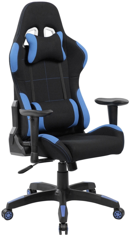 Dmora Stuhl mit Rädern Mindy, Gaming-Sessel für Erwachsene, Schreibtischstuhl, 57x72h124/134 cm, Schwarz und Blau Bild 1