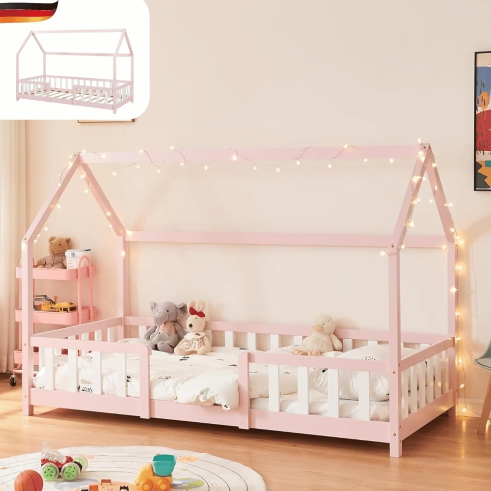 DELUKE® Kinderbett 90x200 cm LULO - Inkl. Lattenrost Rausfallschutz Einzelbett Hausbett Kinderzimmer Bodenbett Kinder Bett Klein Montessori Bett Rosa Bild 1