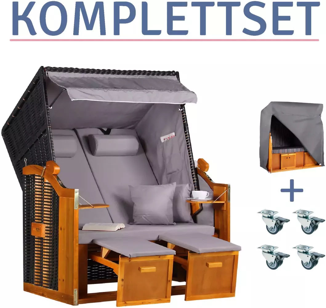 Strandkorb Baltic PE schwarz Dessin Uni Grau-KOMPLETTSET Bild 1