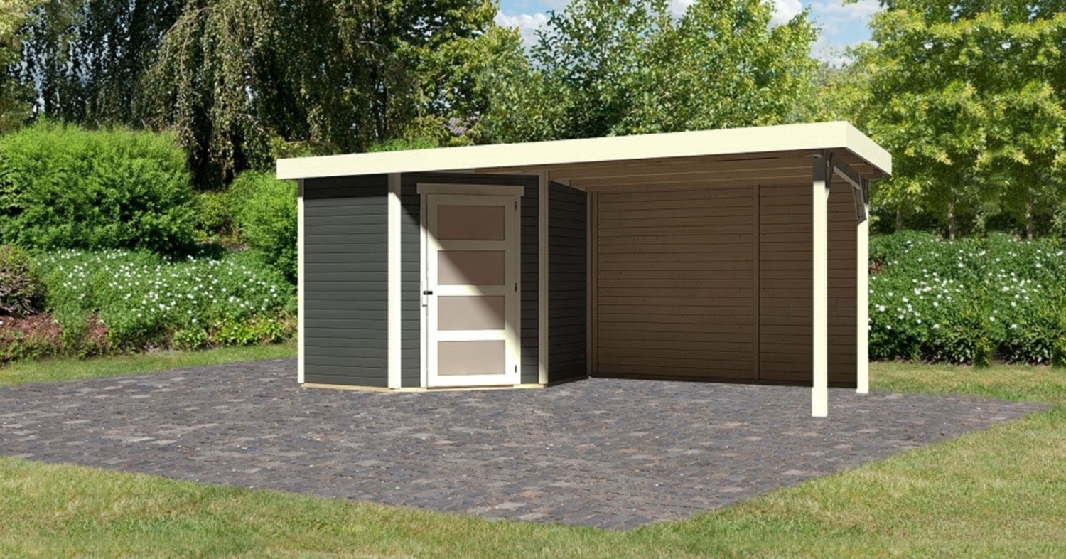 Karibu Woodfeeling Gartenhaus Schwandorf mit Anbaudach Gartenhaus aus Holz in Grau Holzhaus mit 19 mm Wandstärke inklusive Schleppdach Blockbohlenhaus mit Montagematerial Bild 1