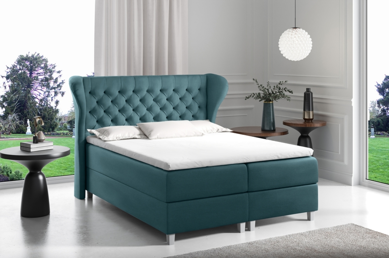 99rooms Turin Boxspringbett Velours 200x200 cm Türkis Bild 1