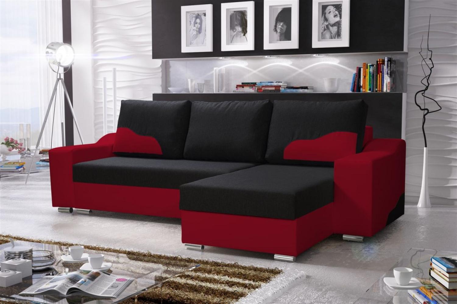 Ecksofa Sofa COLLIN mit Schlaffunktion Rot / Schwarz Ottomane Rechts Bild 1