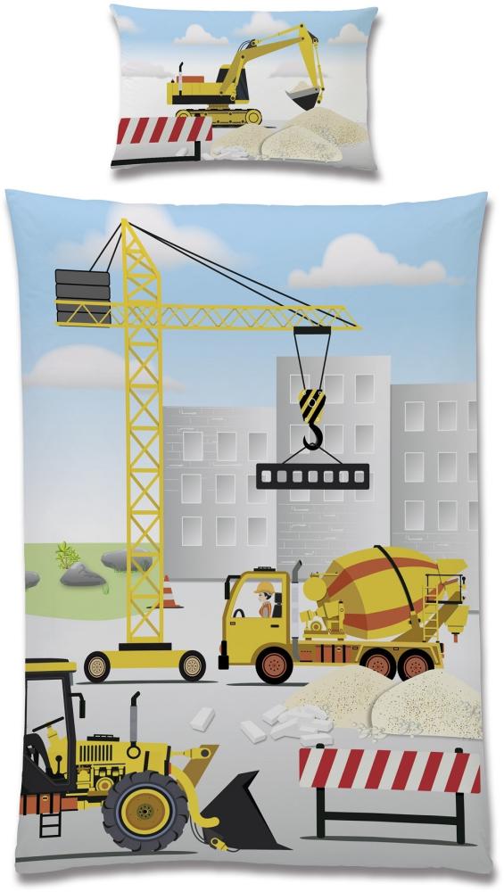 Baby Bettwäsche Baustelle für Kleinkinder 100x135 40x60 cm mit Bagger und Kran Motiv aus 100% Baumwolle Bild 1