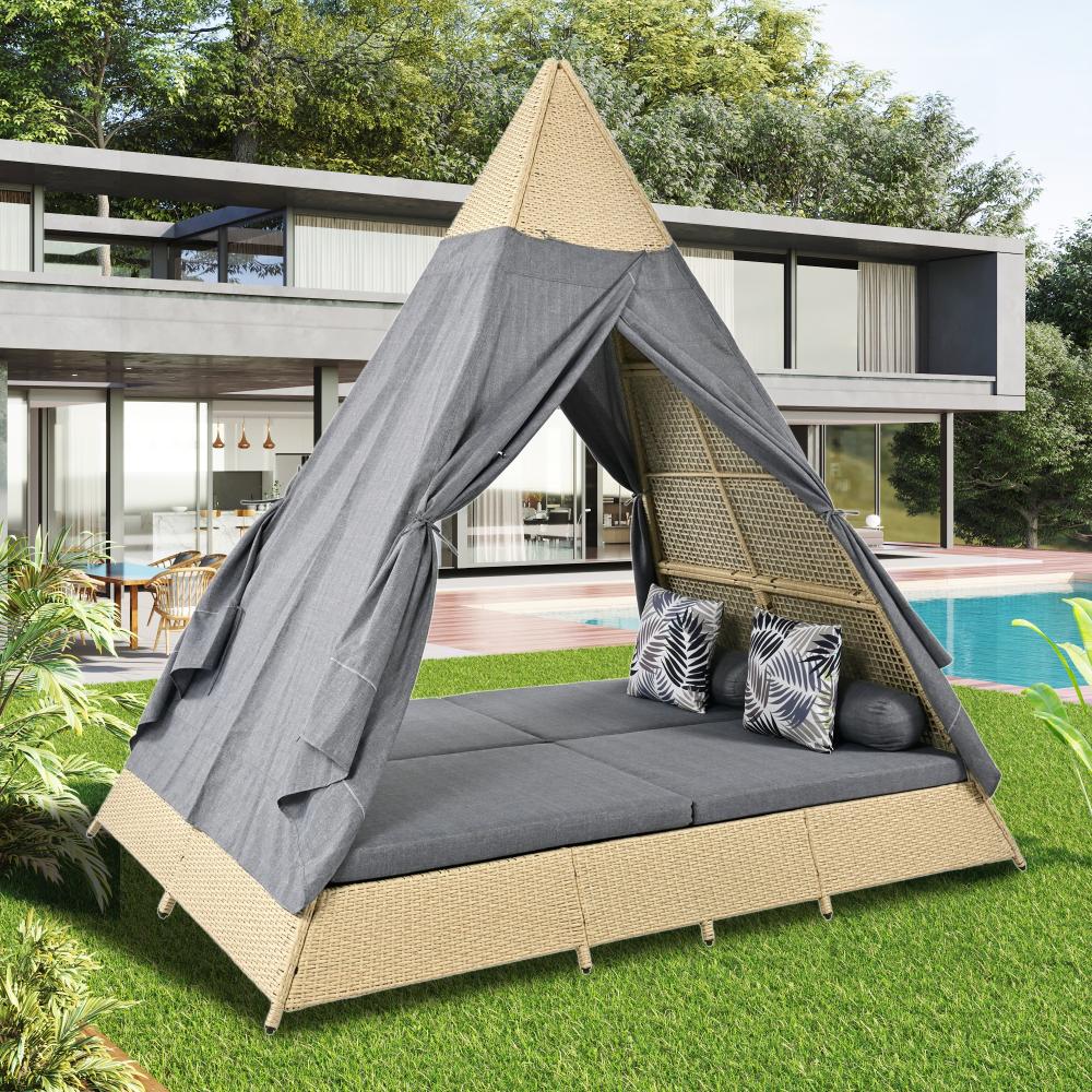 Merax Gartenlounge-Set, Rattanzelt, geeignet für 2–4 Personen, beiges Rattan, grauer Türvorhang, Sitzkissen mit Reißverschluss Bild 1