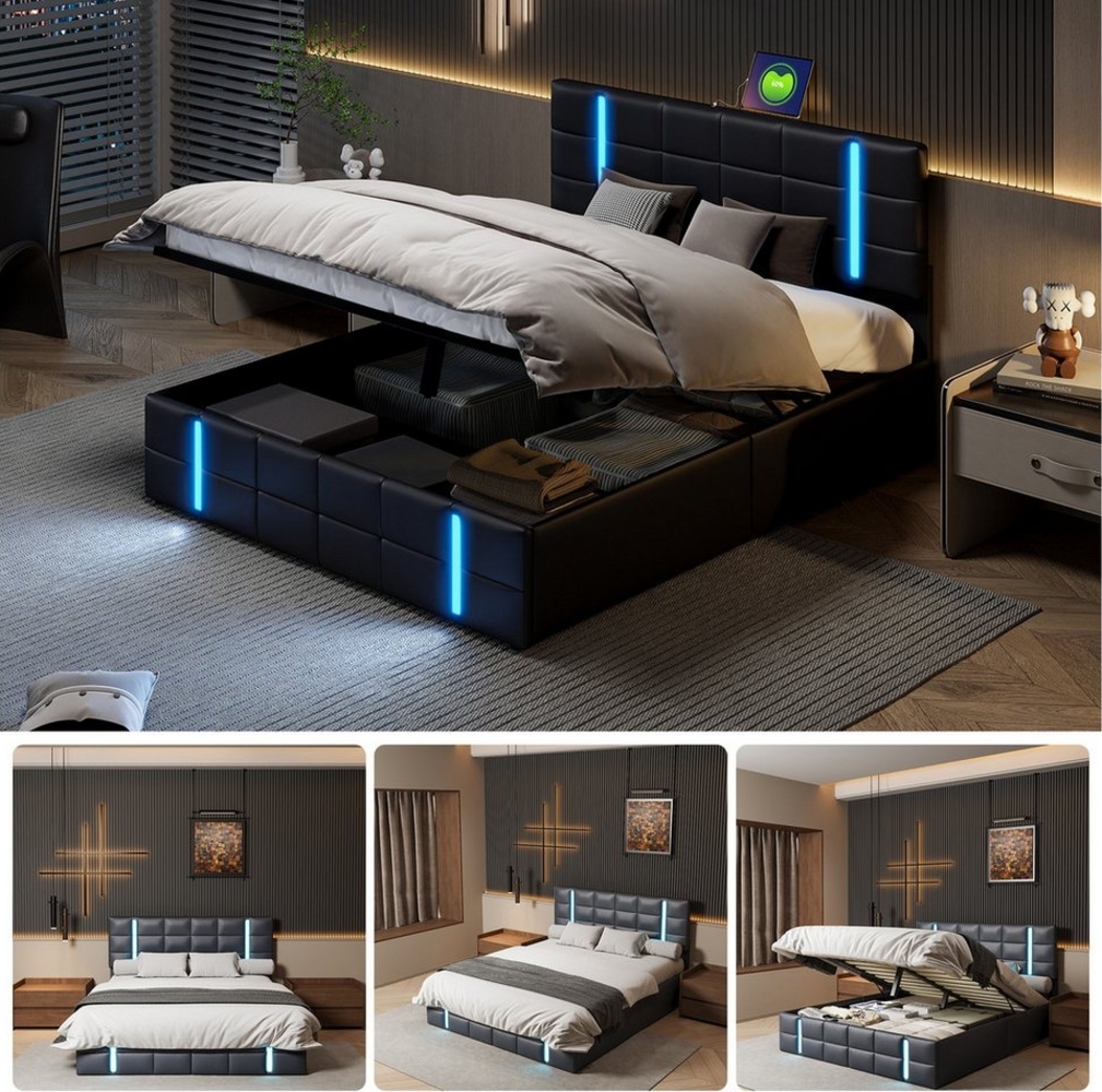Gdood Polsterbett Doppelbett LED Stauraumbett (Hydraulisch anhebbarer Bettstauraum), Mit LED-Beleuchtung, USB & TYPE-C Anschlüsse, Kunstleder, 140x200 cm Bild 1