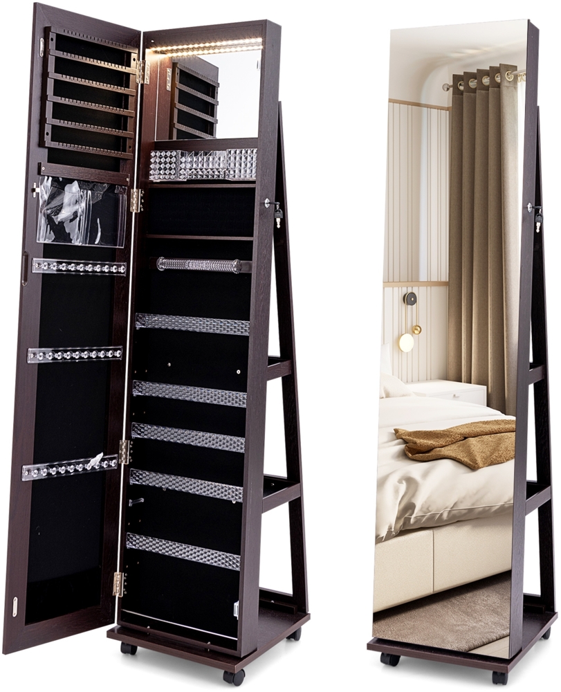 Abschließbarer Schmuckschrank mit Integriertem Schminkspiegel Verstellbaren Ablagen & Stauraum Dunkelbraun Bild 1