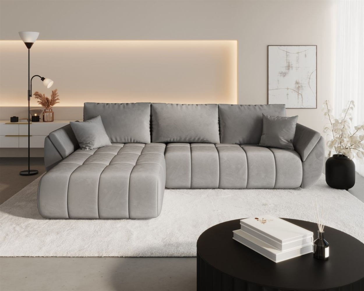 Ecksofa Schlafsofa MISATO Stoff Monolith Hellgrau Ottomane Links Bild 1