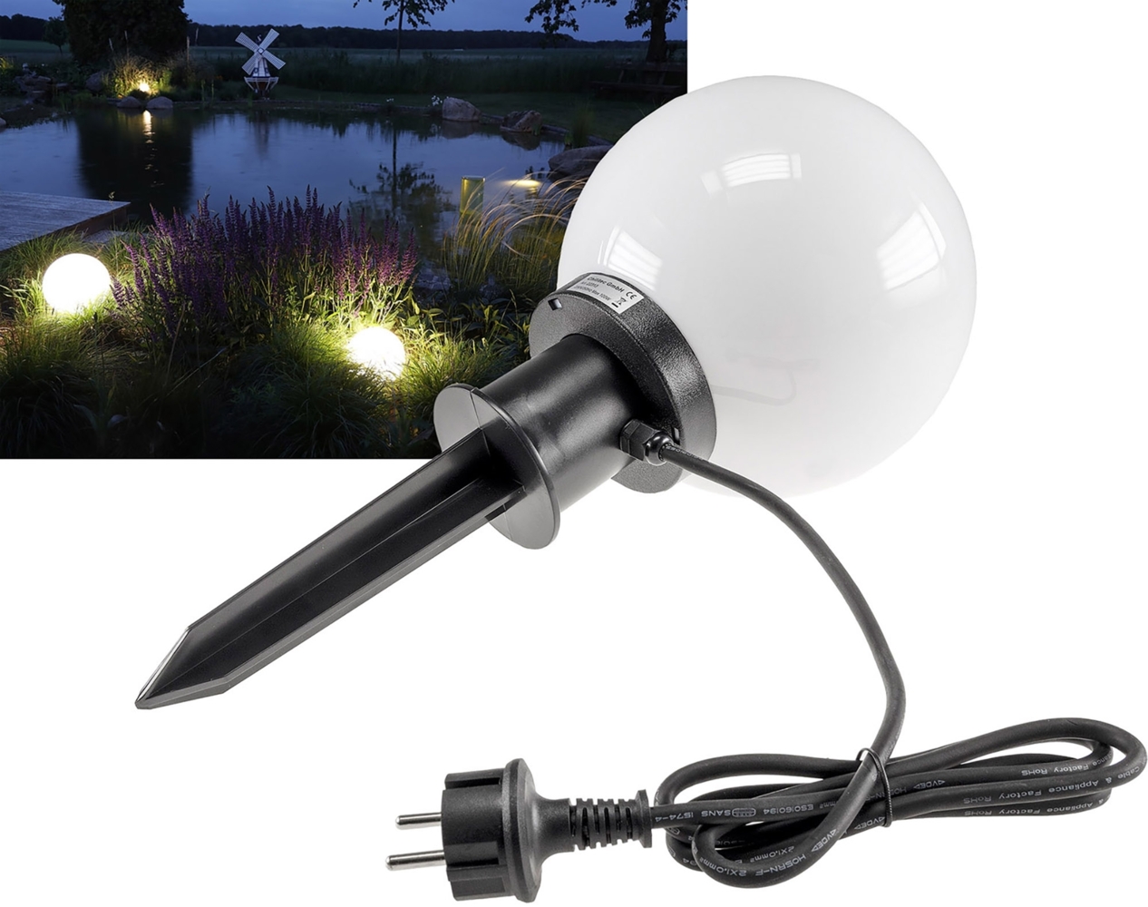 Garten Kugelleuchte Erdspieß "CT-GL20cm"IP44, 230V, 1,5m Kabel, E27 Fassung Bild 1