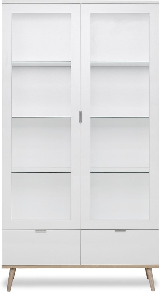Finori Göteborg 54 Vitrine, weiß / Dekor Sonoma Eiche | Vitrine für Wohnzimmer | Maß: B x H x T ca. 100 x 186 x 40 cm | Vitrine mit 2 Glasrahmentüren (dahinter 6 Glasböden) und 2 Schubladen Bild 1