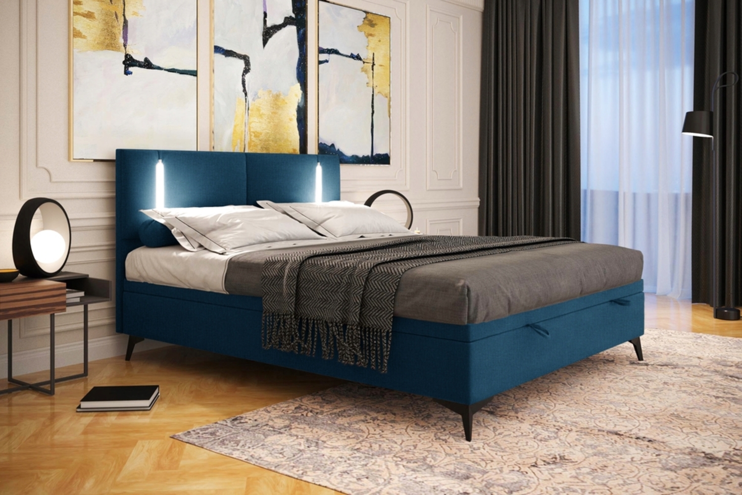 99rooms Hugette Boxspringbett Strukturstoff INARI Blau 160x200 cm Bild 1