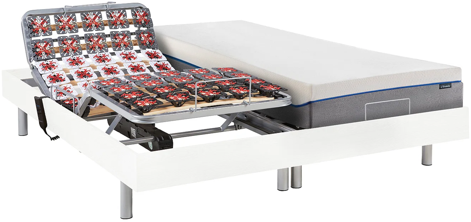 Relaxbett elektrisch mit Tellermodulen + Matratzen mit Memory Schaum - 2 x 70 x 190 cm - Weiß - HESIODE III von DREAMEA Bild 1