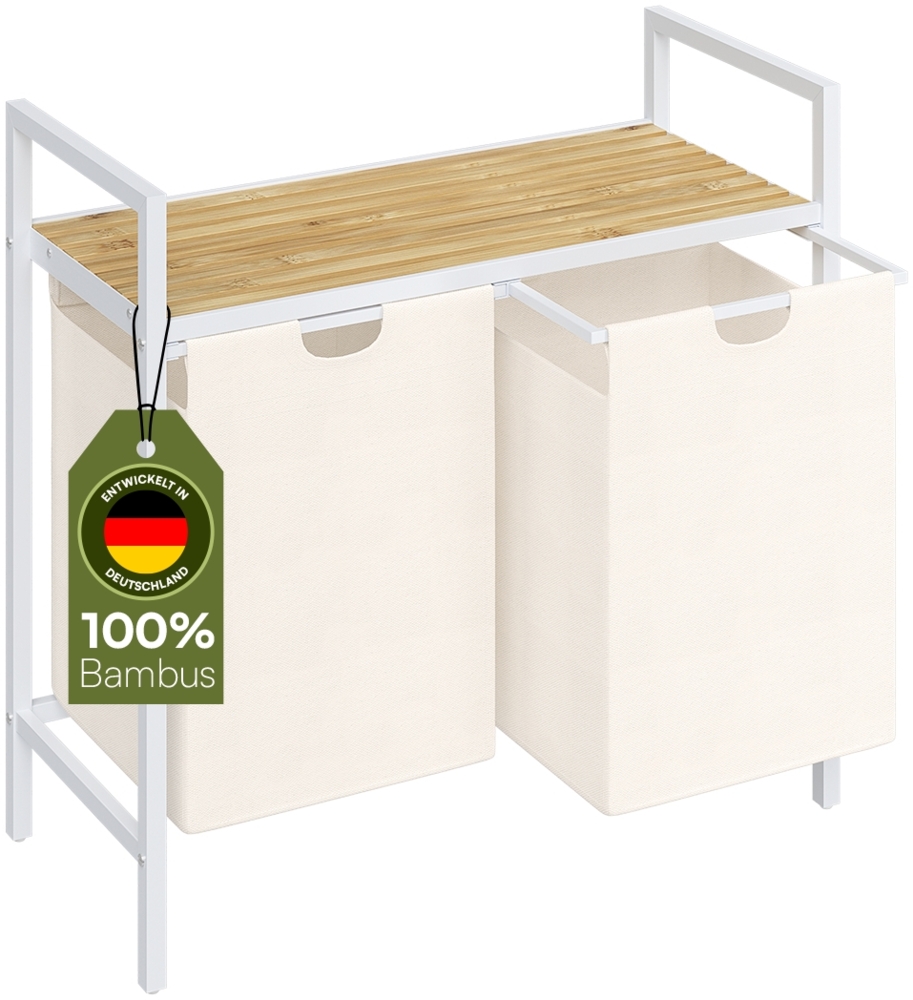 STEELSØN 'Rigil' Wäschesammler, weiß, Wäschekorb inkl. 2 Wäschesäcke je 45 Liter aus Oxford-Gewebe, ausziehbar, Wäschebox mit Bambus-Ablagefläche Bild 1