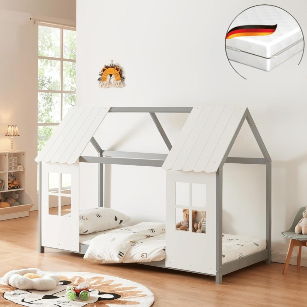 DELUKE® Kinderbett 90x200 GELO - mit Matratze Lattenrost Rausfallschutz Haus-OptikEinzelbett aus Holz Hausbett Kinderzimmer Montessori Bett Grau Bild 1