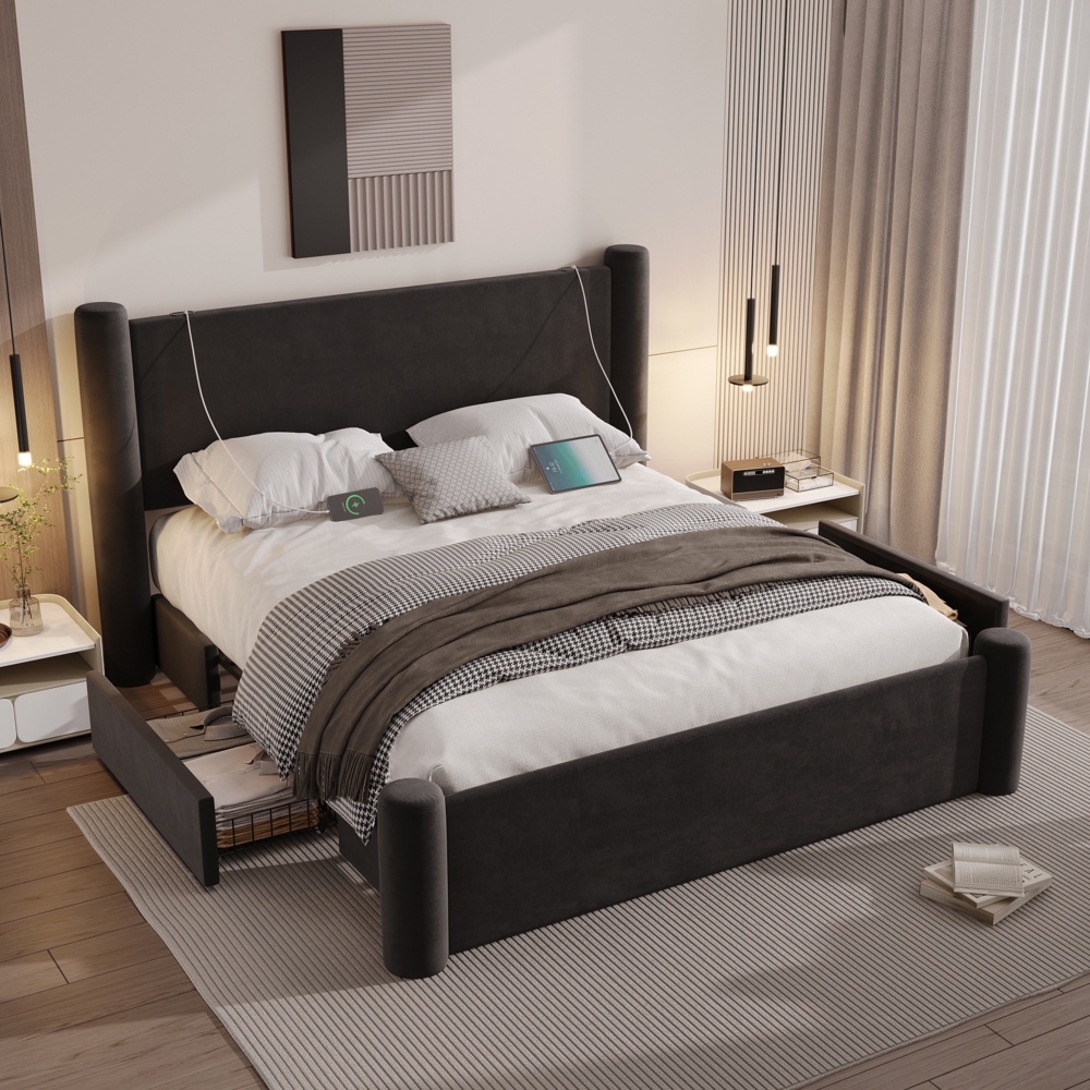 Doppelbett 160x200cm mit samtbezogenes Kopfteil, integrierte USB-Ports, praktische Stauraumschubladen unter dem Bett,Schwarz Bild 1
