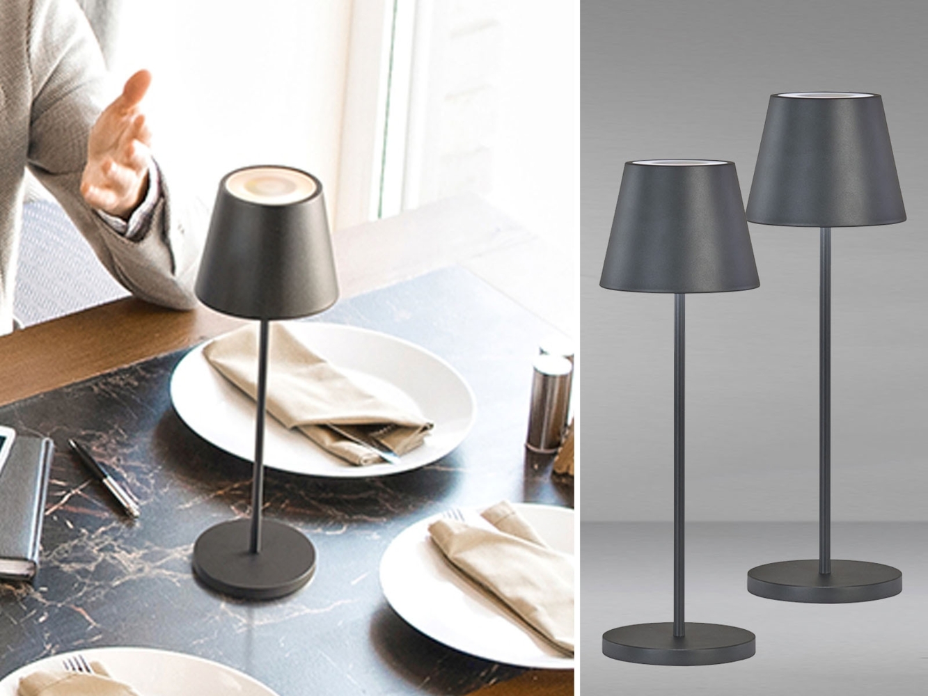 2er SET Akku Tischlampen Schwarz ohne Kabel mit Ladestation, Höhe 34cm Bild 1